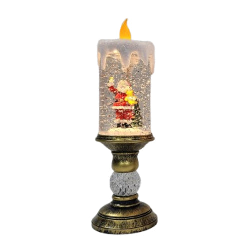 Felinar decorativ Craciun in forma de lumanare cu scena Mos Craciun si efect de ninsoare, lumina calda, 28 cm