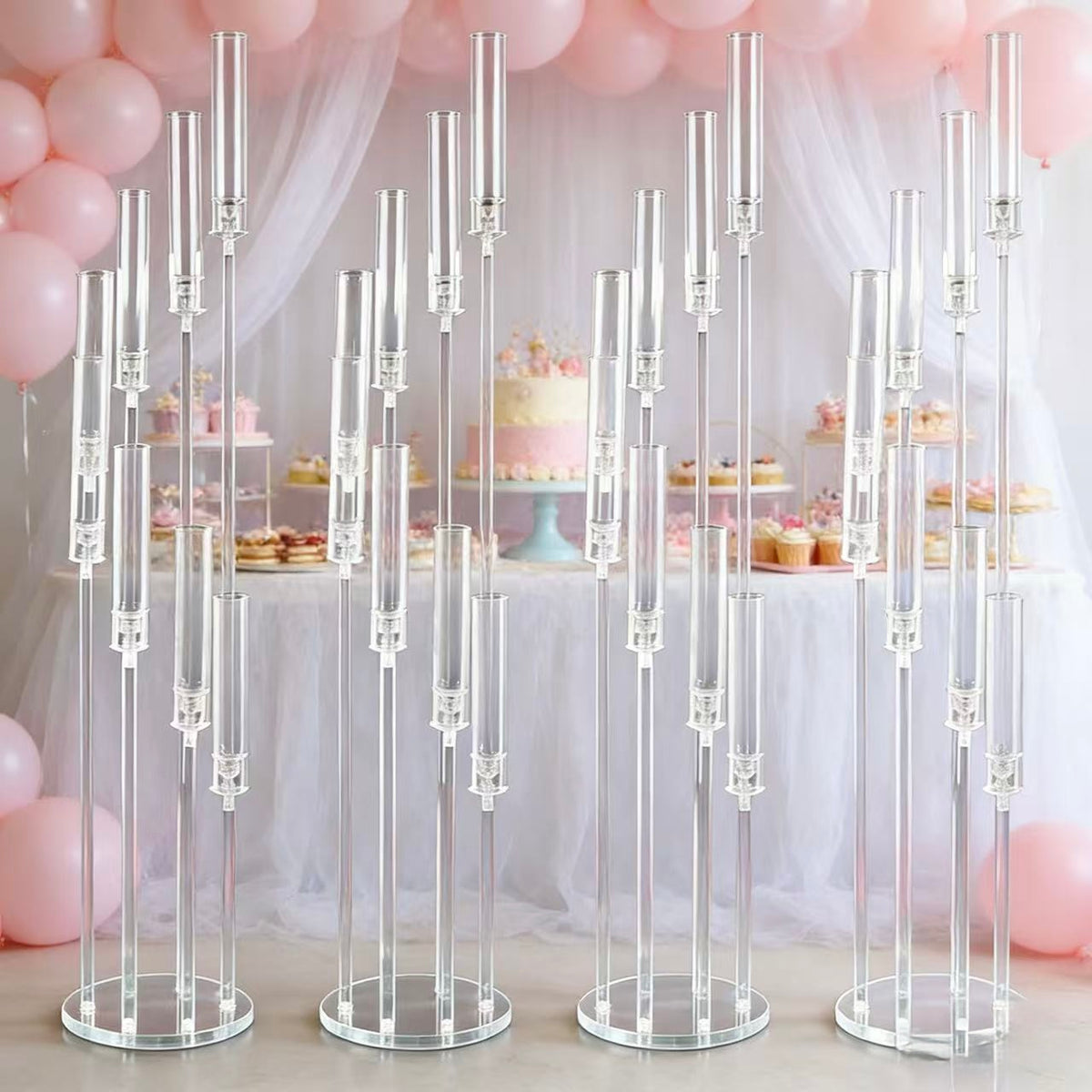 Set 4 buc suport pentru 8 capete lumanari – Înălțime până la 128 cm, Transparent, pentru Lumânări LED, Decor de Nuntă Elegant