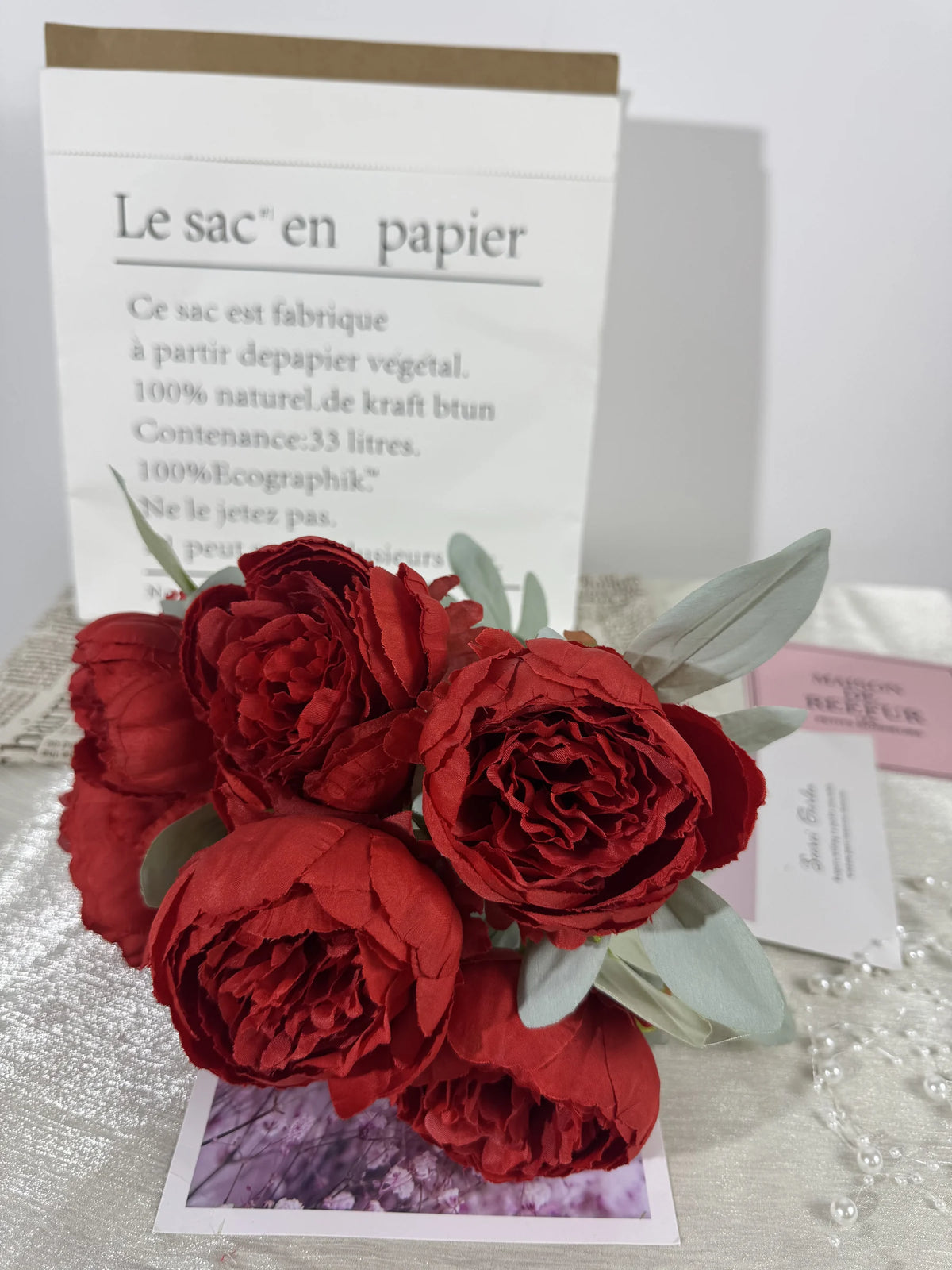 Buchet de ranunculus artificial cu tija, 7 flori, 45 cm, rosu, Ruyidecor