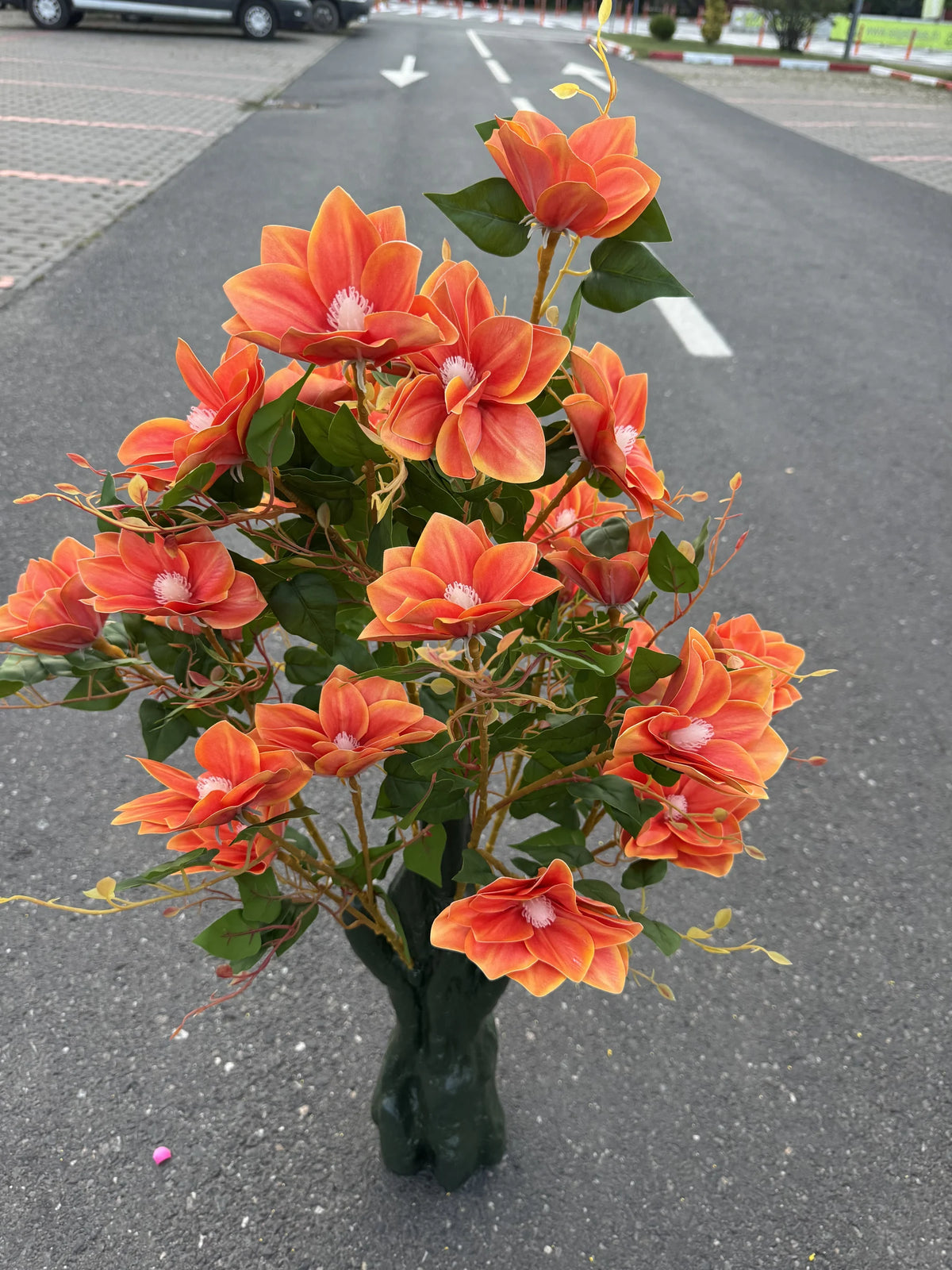 Copac artificial decorativ cu flori de magnolie, 108 flori, 120 cm, portocaliu, Ruyidecor