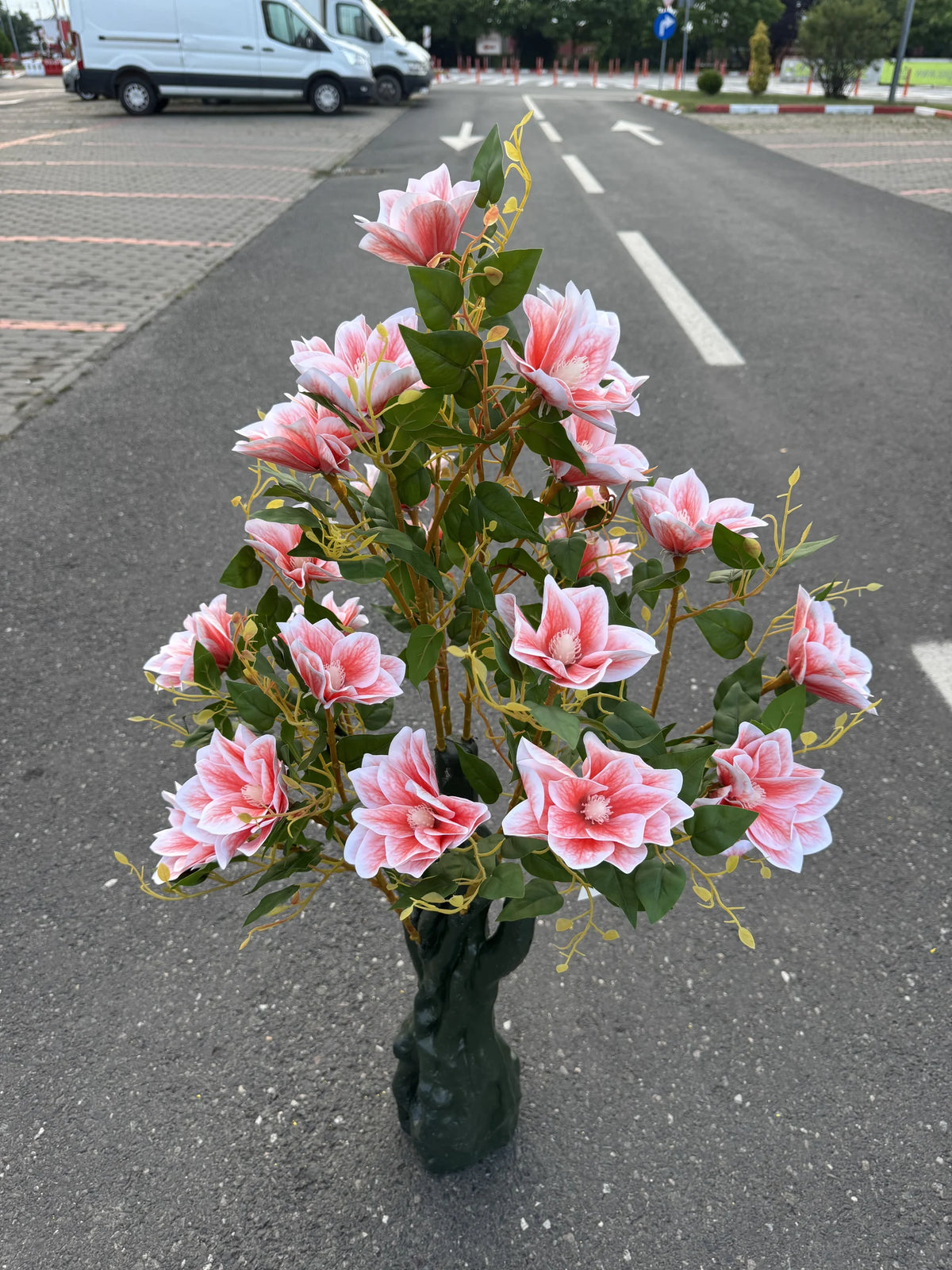 Copac artificial decorativ cu flori de magnolie, 108 flori, 120 cm, roz-alb, Ruyidecor
