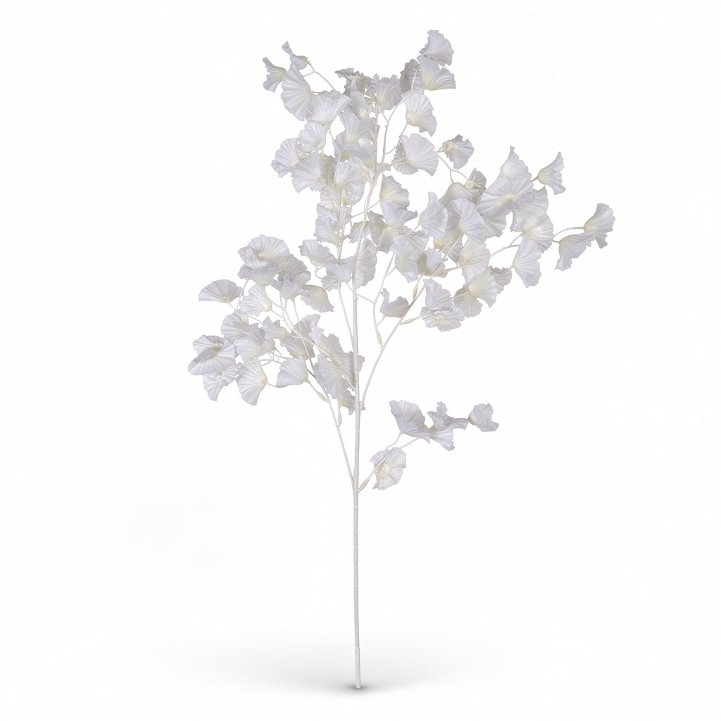 Crenguță Decorativă Artificială 80 cm cu Frunze Tip Ginkgo, Floare Albă Elegantă, 1 bucata