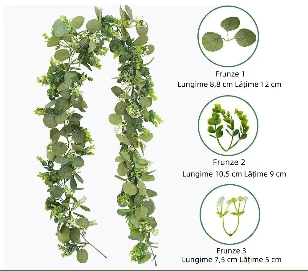 Ghirlandă Artificială Florală – Frunze Mixte și Flori Albe, 2 m