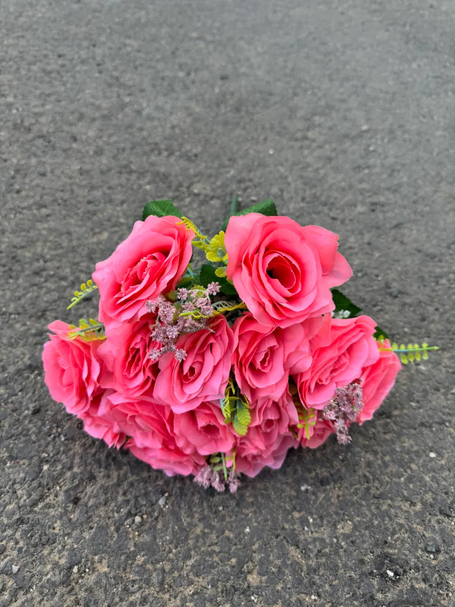 Buchet artificial cu trandafiri roz și frunze decorative, 18 capete, 40 cm, Ruyidecor