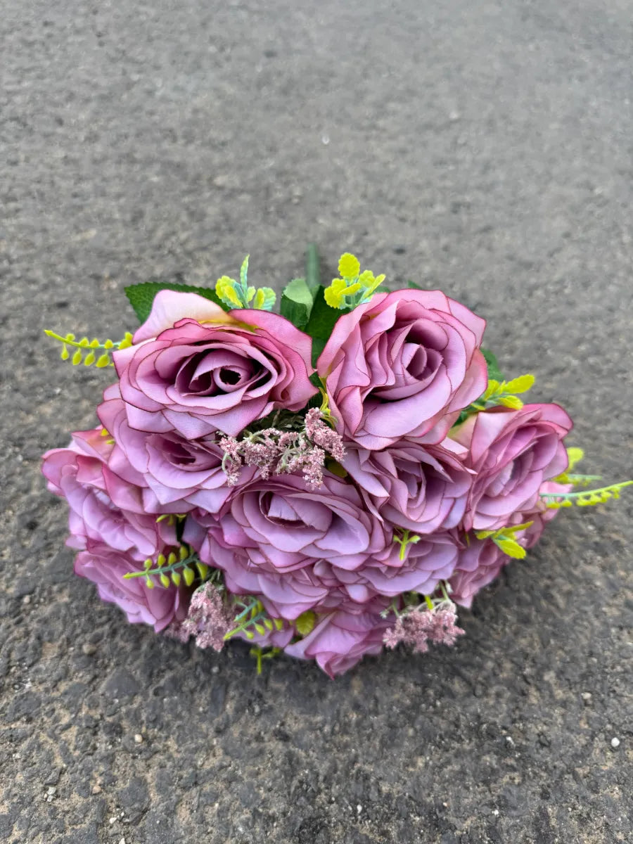 Buchet artificial cu trandafiri roz și frunze decorative, 18 capete, 40 cm, Ruyidecor