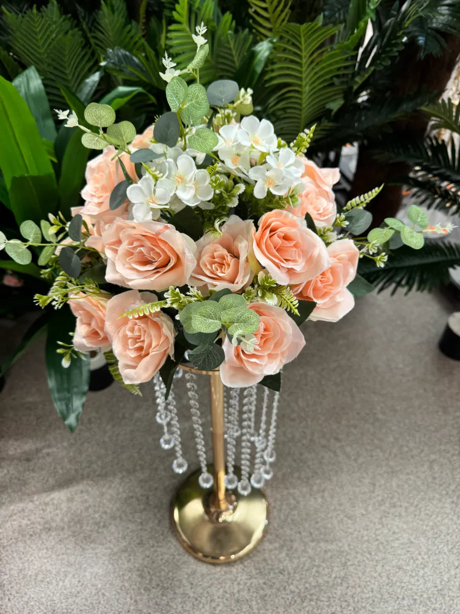 Buchet artificial cu trandafiri roz și frunze decorative, 28 capete, 40 cm, Ruyidecor