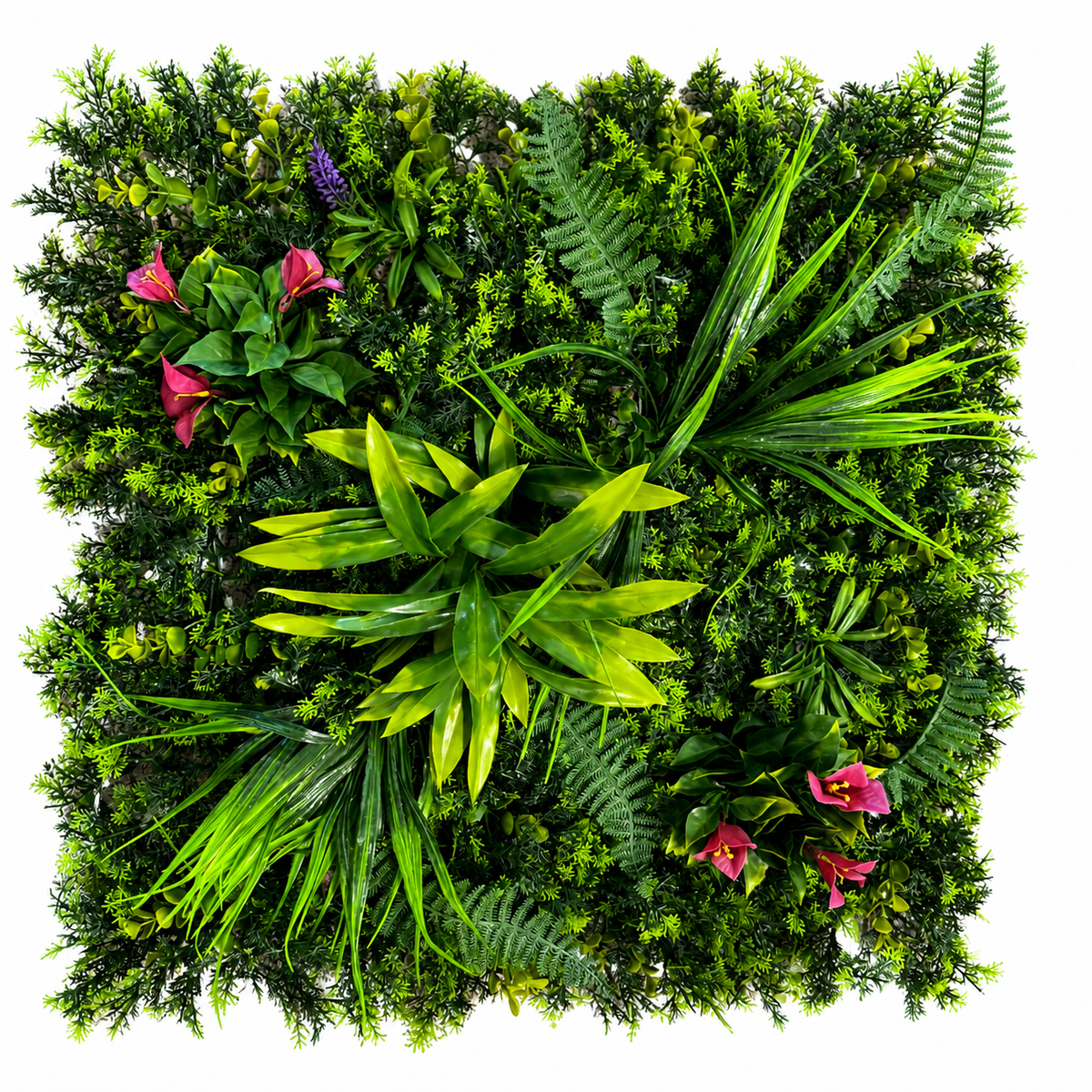 Panou Decorativ Artificial Mix Plante Tropicale cu Accente Florale, 50 x 50 cm