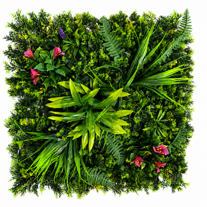 Panou Decorativ Artificial Mix Plante Tropicale cu Accente Florale, 50 x 50 cm