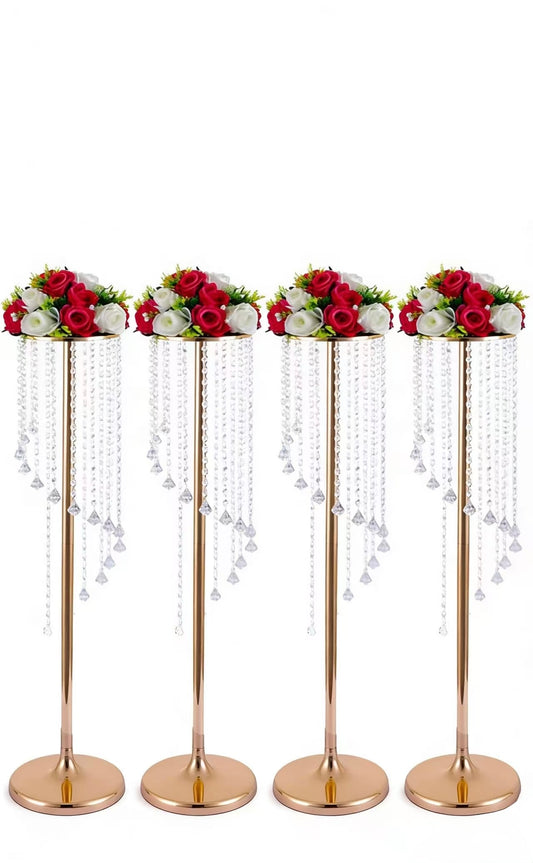 Set 4 suporturi decorative aurii cu cristale suspendate, pentru aranjamente florale elegante, înălțimi 70 cm sau 90 cm (fără flori)