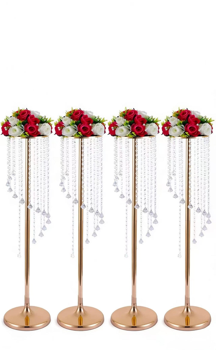 Set 4 suporturi decorative aurii cu cristale suspendate, pentru aranjamente florale elegante, înălțimi 70 cm sau 90 cm (fără flori)