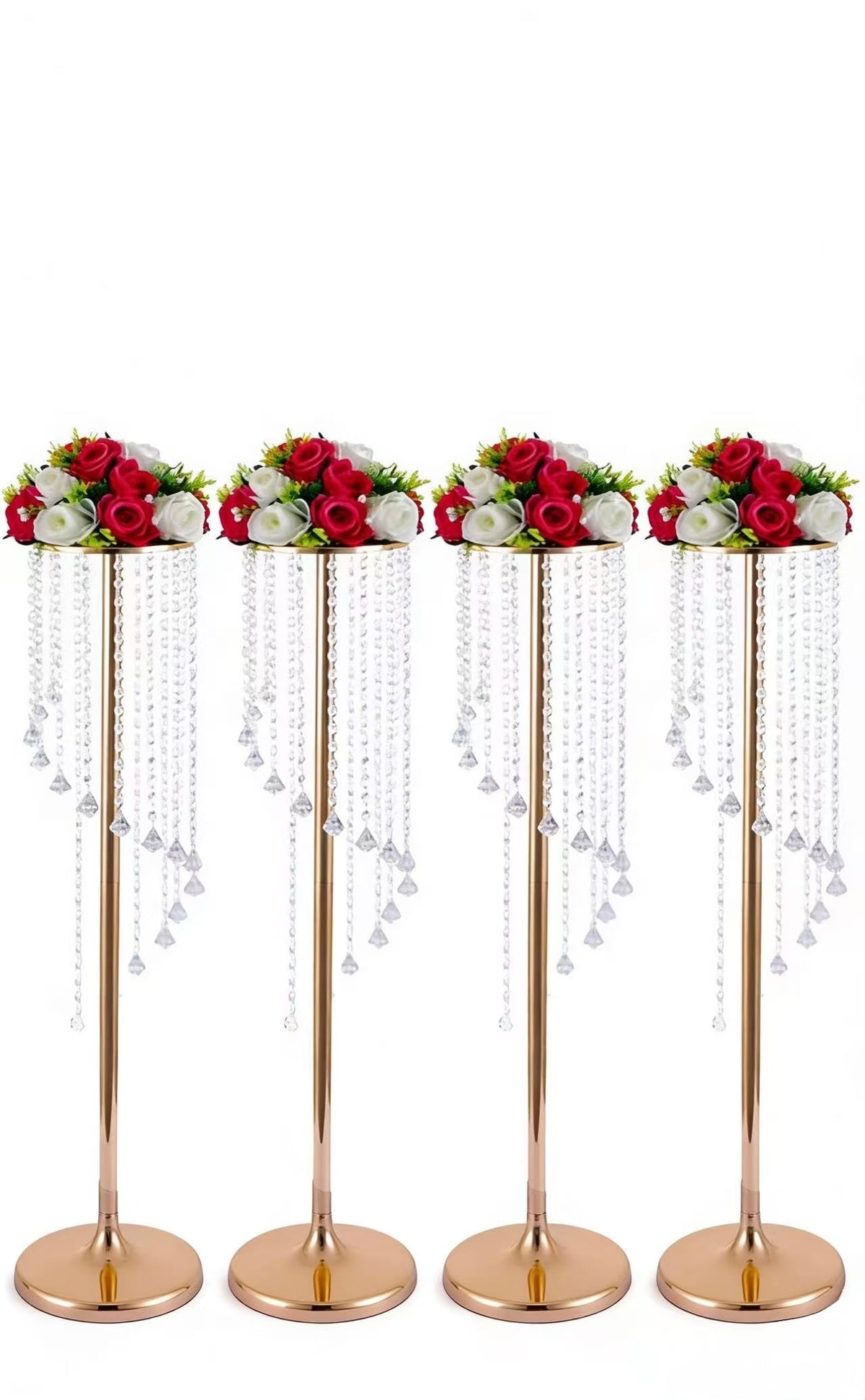 Set 4 suporturi decorative aurii cu cristale suspendate, pentru aranjamente florale elegante, înălțimi 70 cm sau 90 cm (fără flori)