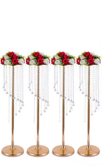 Set 4 suporturi decorative aurii cu cristale suspendate, pentru aranjamente florale elegante, înălțimi 70 cm sau 90 cm (fără flori)