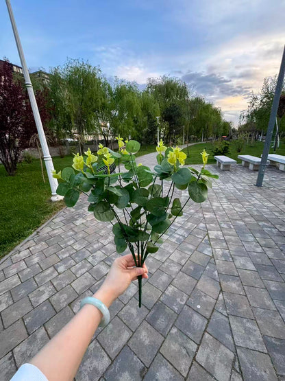 Buchet artificial de eucalipt cu flori verzi, 55 cm, Ruyidecor