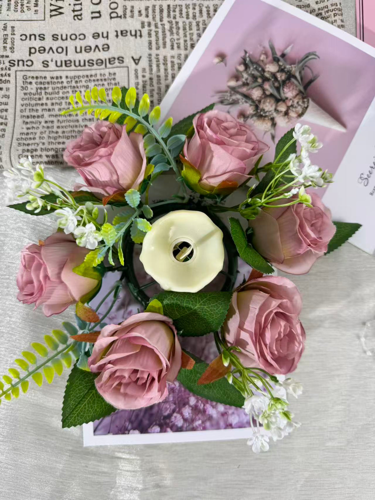 Aranjament floral cu lumânare decorativă, 6 capete, 30 cm, Ruyidecor