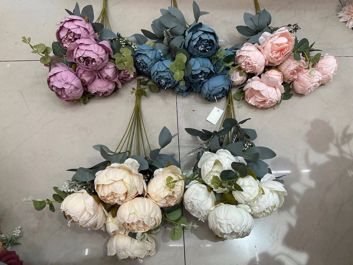 Buchet Eleganță de Bujori și Frunze de Eucalipt Artificiali - 11 Flori, Lungime 48cm