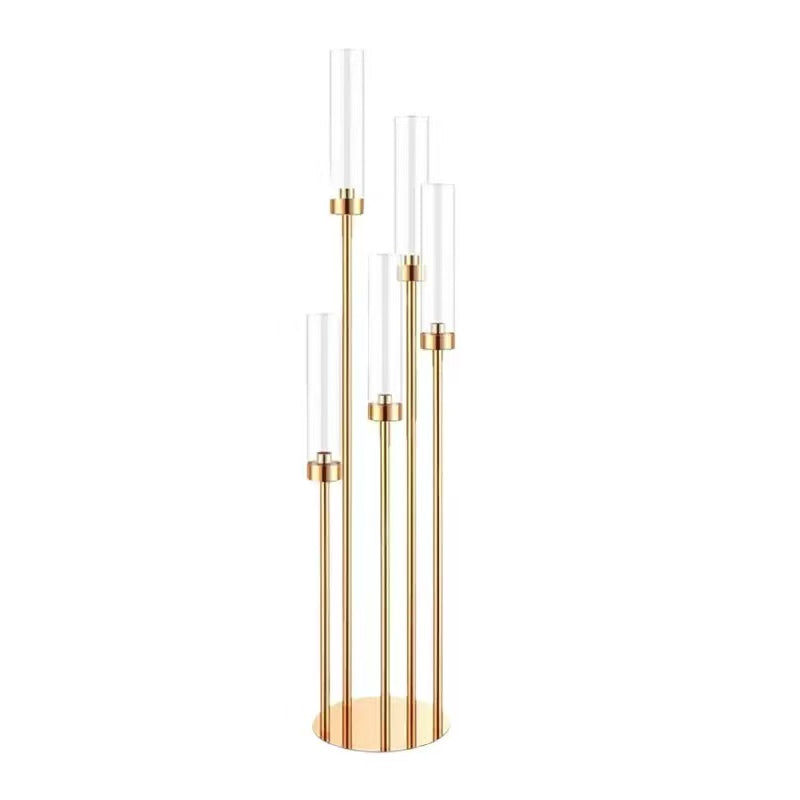 Suport pentru Lumânări, Decor Auriu cu Tuburi Cilindrice din Sticlă, 128 cm Înălțime Max