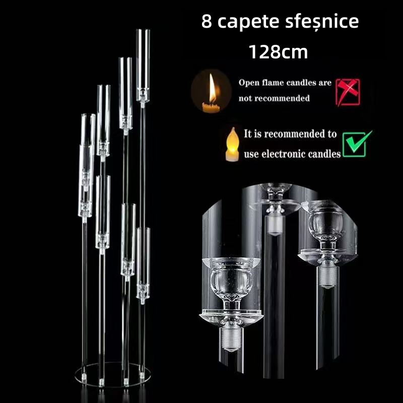 Set 4 buc suport pentru 8 capete lumanari – Înălțime până la 128 cm, Transparent, pentru Lumânări LED, Decor de Nuntă Elegant