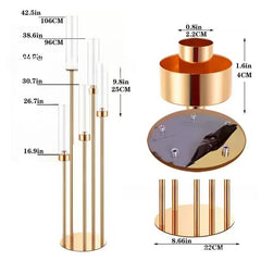 Suport pentru Lumânări, Decor Auriu cu Tuburi Cilindrice din Sticlă, 128 cm Înălțime Max