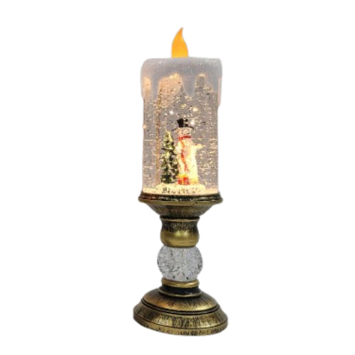 Felinar decorativ Craciun in forma de lumanare cu scena Mos Craciun si efect de ninsoare, lumina calda, 28 cm