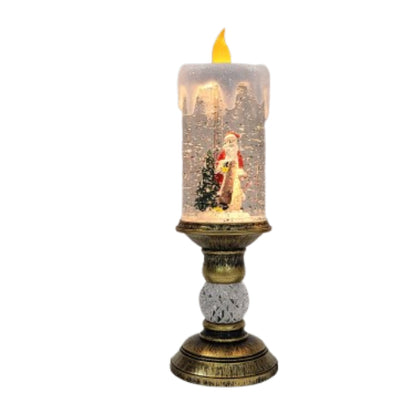Felinar decorativ Craciun in forma de lumanare cu scena Mos Craciun si efect de ninsoare, lumina calda, 28 cm