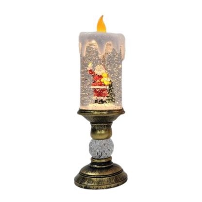 Felinar decorativ Craciun in forma de lumanare cu scena Mos Craciun si efect de ninsoare, lumina calda, 28 cm