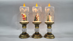 Felinar decorativ Craciun in forma de lumanare cu scena Mos Craciun si efect de ninsoare, lumina calda, 28 cm