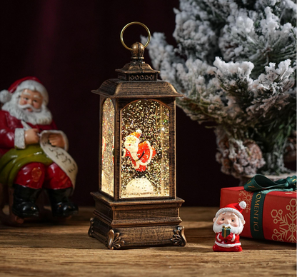 Felinar decorativ Craciun cu lumina calda si scena Mos Craciun, 20 cm