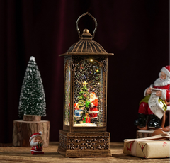 Felinar decorativ Craciun cu Mos Craciun rotativ si efect de ninsoare, lumina calda, 28 cm