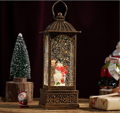 Felinar decorativ Craciun cu Mos Craciun rotativ si efect de ninsoare, lumina calda, 28 cm