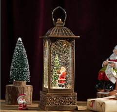 Felinar decorativ Craciun cu Mos Craciun rotativ si efect de ninsoare, lumina calda, 28 cm