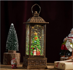 Felinar decorativ Craciun cu Mos Craciun rotativ si efect de ninsoare, lumina calda, 28 cm