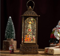 Felinar decorativ Craciun cu Mos Craciun si efect de ninsoare, lumina calda, 28 cm