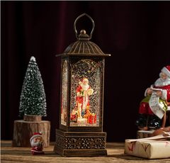 Felinar decorativ Craciun cu Mos Craciun si efect de ninsoare, lumina calda, 28 cm