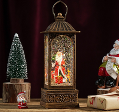 Felinar decorativ Craciun cu Mos Craciun si efect de ninsoare, lumina calda, 28 cm