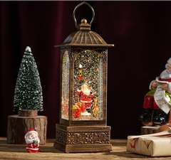 Felinar decorativ Craciun cu Mos Craciun si efect de ninsoare, lumina calda, 28 cm