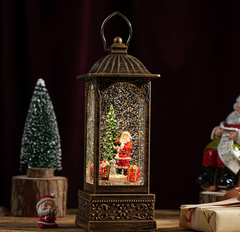 Felinar decorativ Craciun cu Mos Craciun si efect de ninsoare, lumina calda, 28 cm