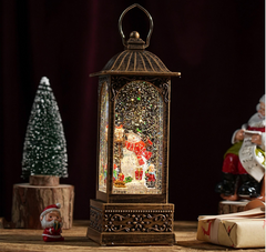 Felinar decorativ Craciun cu Mos Craciun si efect de ninsoare, lumina calda, 28 cm