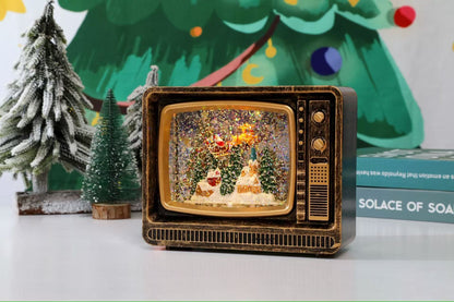 Felinar decorativ Craciun tip televizor retro cu scena fixa si efect de ninsoare, lumina calda, 25 cm