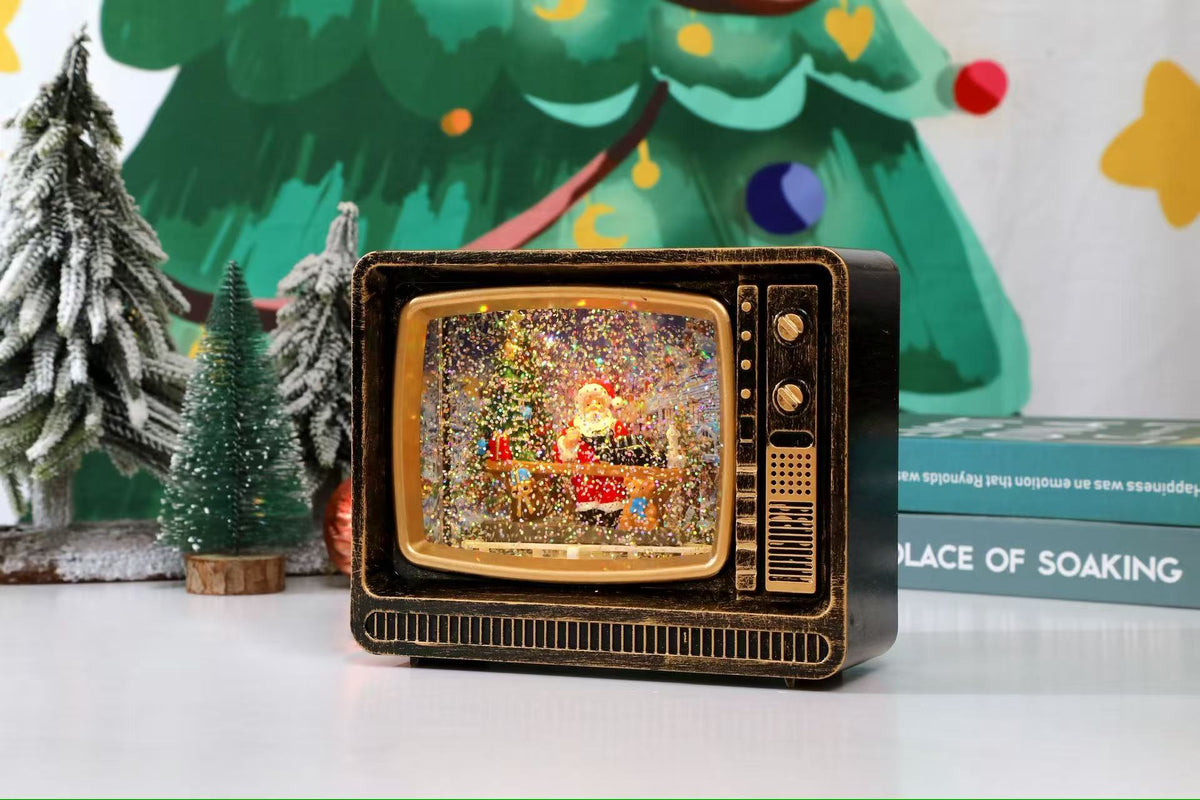 Felinar decorativ Craciun tip televizor retro cu scena fixa si efect de ninsoare, lumina calda, 25 cm