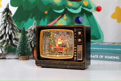 Felinar decorativ Craciun tip televizor retro cu scena fixa si efect de ninsoare, lumina calda, 25 cm