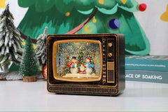 Felinar decorativ Craciun tip televizor retro cu scena fixa si efect de ninsoare, lumina calda, 18.5 cm