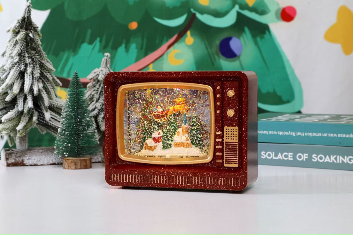 Felinar decorativ Craciun tip televizor retro cu scena fixa si efect de ninsoare, lumina calda, 25 cm