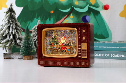 Felinar decorativ Craciun tip televizor retro cu scena fixa si efect de ninsoare, lumina calda, 25 cm