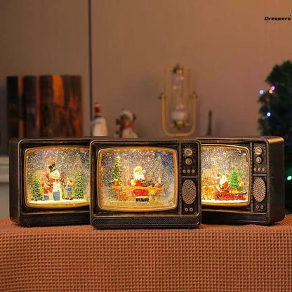 Felinar decorativ Craciun tip televizor retro cu scena fixa si efect de ninsoare, lumina calda, 25 cm