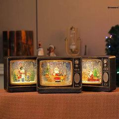 Felinar decorativ Craciun tip televizor retro cu scena fixa si efect de ninsoare, lumina calda, 25 cm