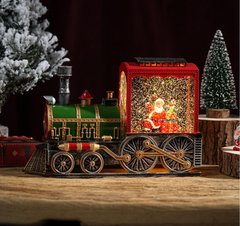 Felinar decorativ Craciun locomotiva cu Mos Craciun si efect de ninsoare, lumina calda, 38 cm