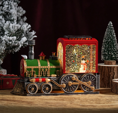 Felinar decorativ Craciun locomotiva cu Mos Craciun si efect de ninsoare, lumina calda, 38 cm