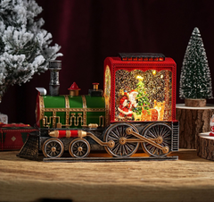 Felinar decorativ Craciun locomotiva cu Mos Craciun si efect de ninsoare, lumina calda, 38 cm