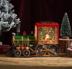 Felinar decorativ Craciun locomotiva cu Mos Craciun si efect de ninsoare, lumina calda, 38 cm