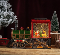 Felinar decorativ Craciun locomotiva cu Mos Craciun si efect de ninsoare, lumina calda, 38 cm
